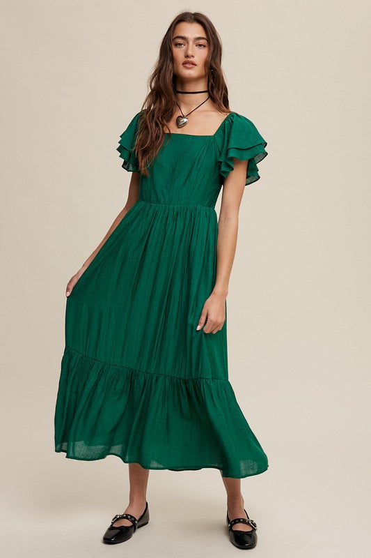 Square Neck Ruffled Short Sleeve Maxi Dress