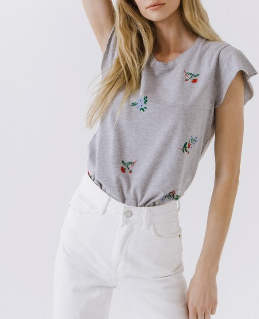 Ladylike Grey Flutter Floral Knit Tee