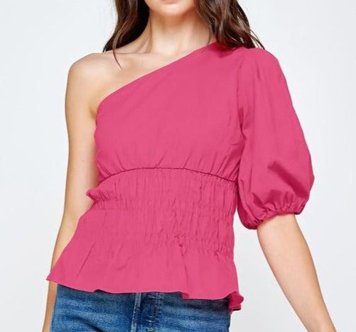 Shania One Shoulder Balloon Sleeve Fuchsia Top